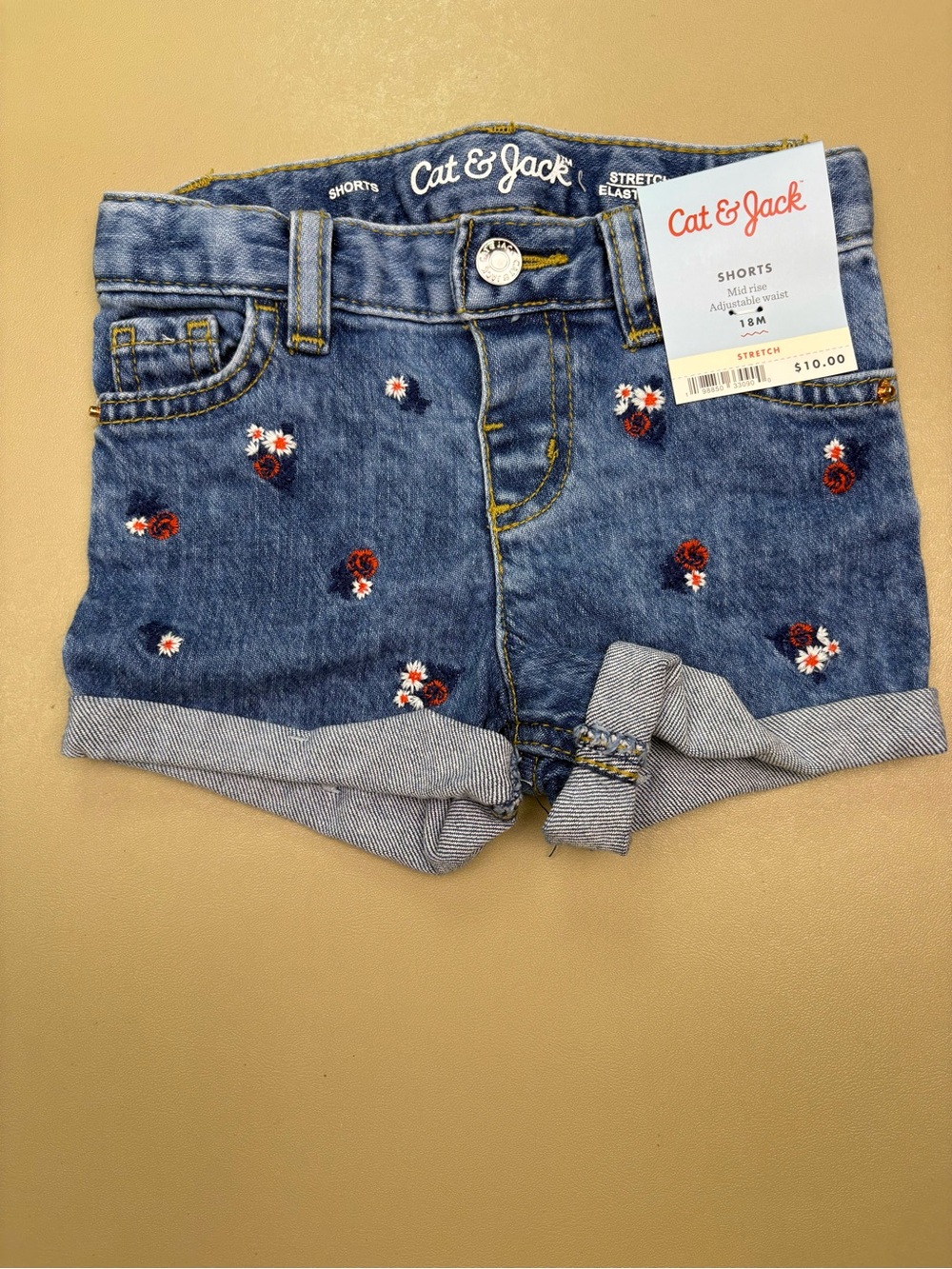 Cat & Jack Embroidered Floral Denim Shorts 18M NWT Stretch Cuffed